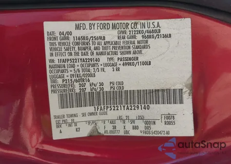 2000 Ford Taurus Lx from USA, damaged, VIN 1FAFP5221YA229140